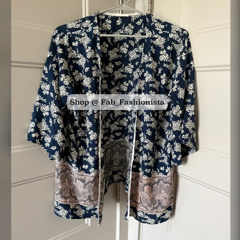 Lace print floral kimono jacket top cover L